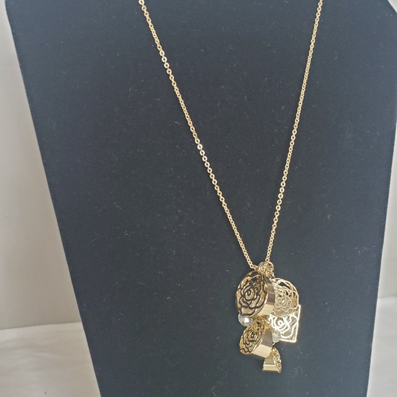 C1946 Long Gold Tone Cluster Charm Necklace - Picture 3 of 12